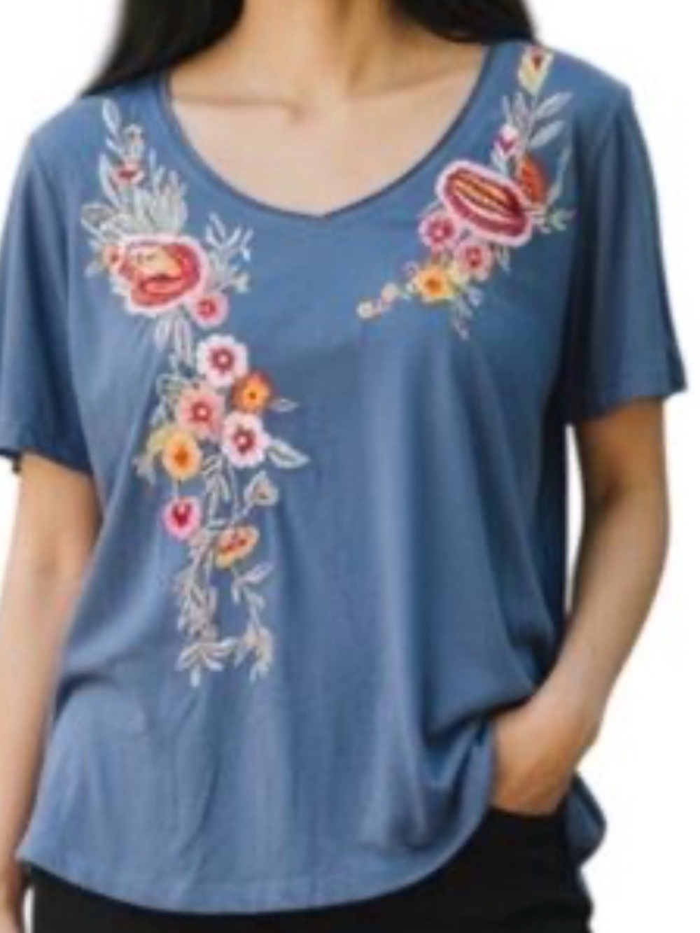 Caite Emily Tee Kyla Seo Top Women's Medium Embroidered T Shirt Iris Blue